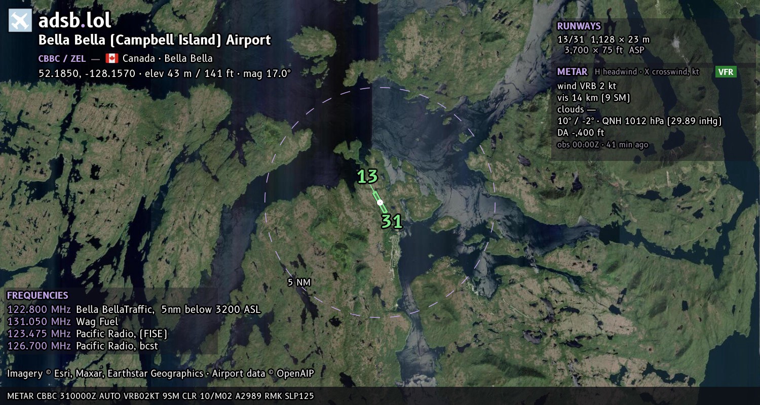 Satellite map with the runway layout of Bella Bella (Campbell Island) Airport (CBBC)