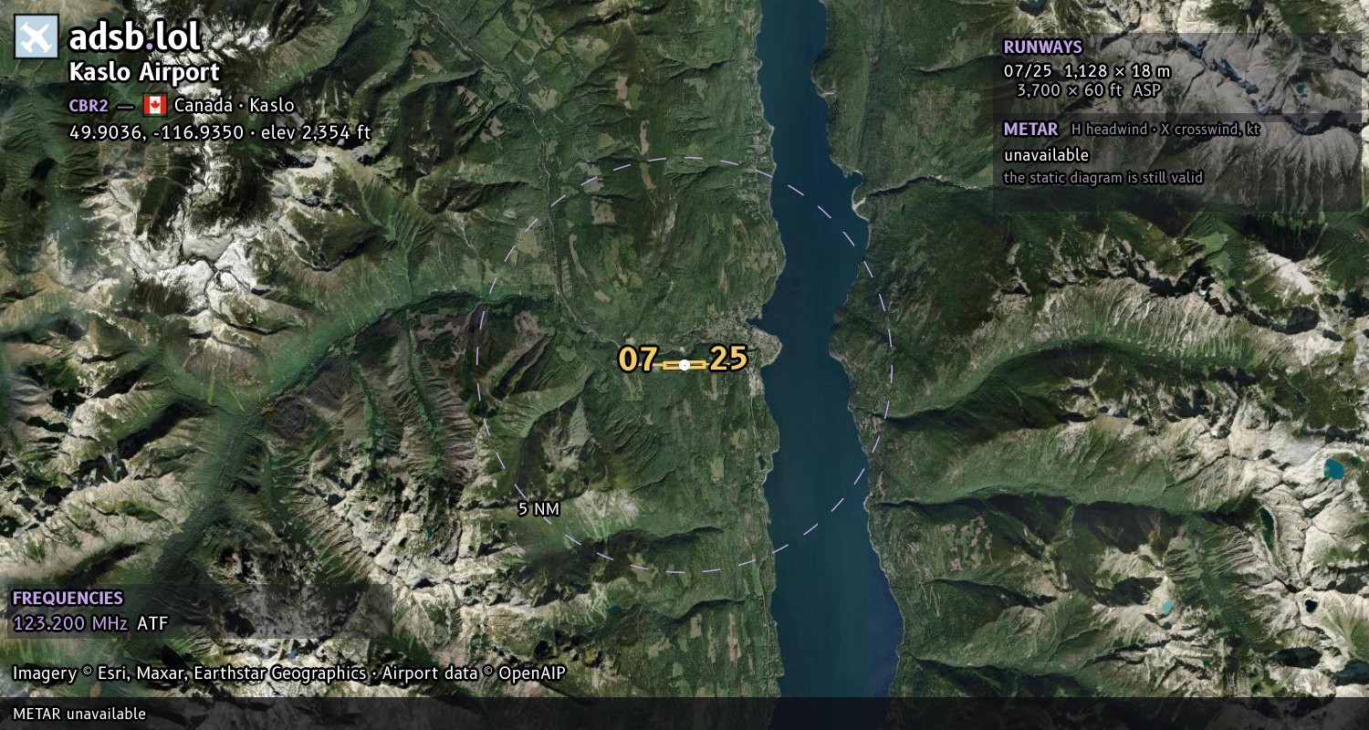 Satellite map with the runway layout of Kaslo Airport (CBR2)