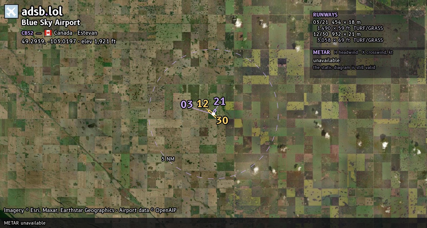 Satellite map with the runway layout of Blue Sky Airport (CBS2)
