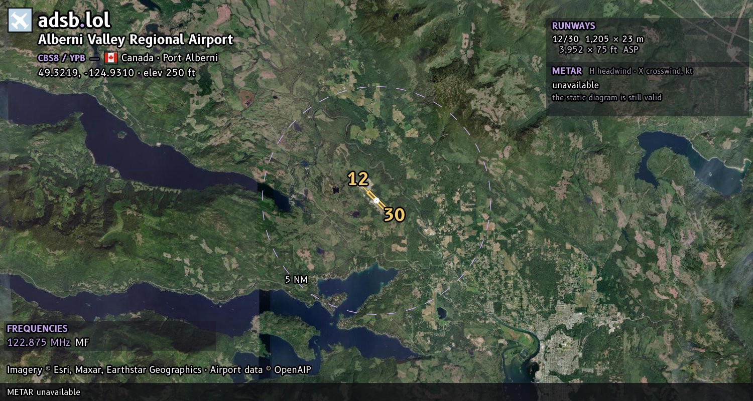 Satellite map with the runway layout of Alberni Valley Regional Airport (CBS8)