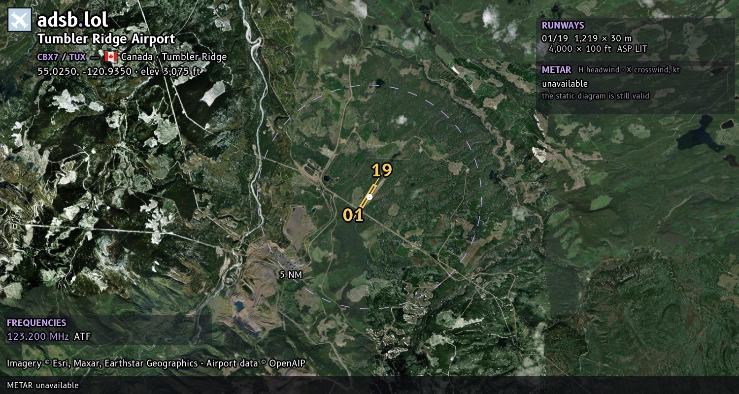 Satellite map with the runway layout of Tumbler Ridge Airport (CBX7)