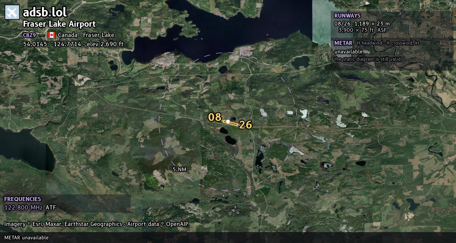 Satellite map with the runway layout of Fraser Lake Airport (CBZ9)