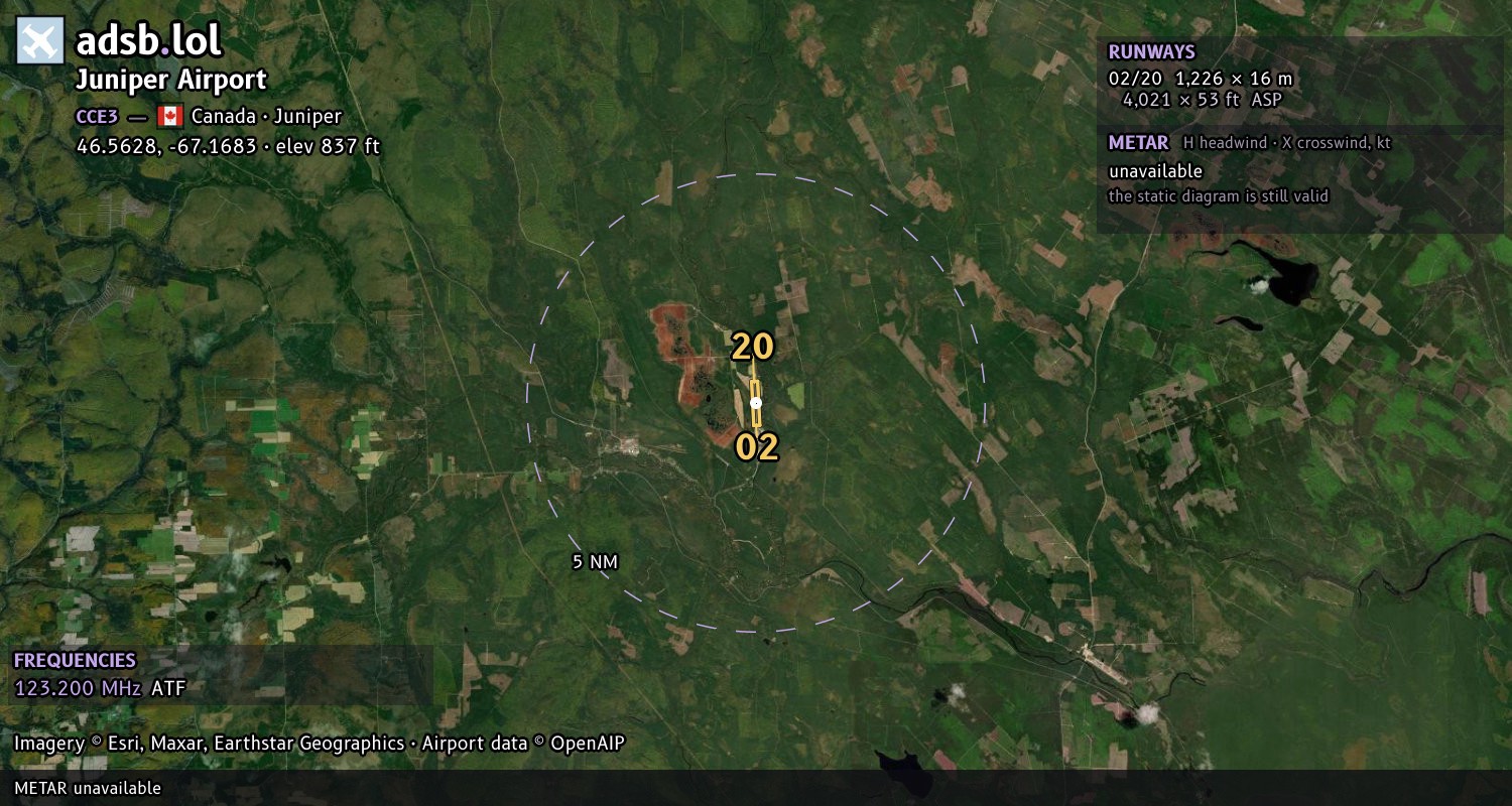 Satellite map with the runway layout of Juniper Airport (CCE3)
