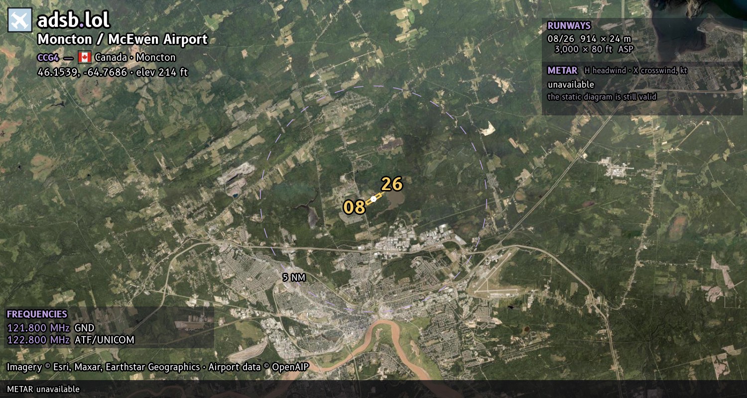 Satellite map with the runway layout of Moncton / McEwen Airport (CCG4)