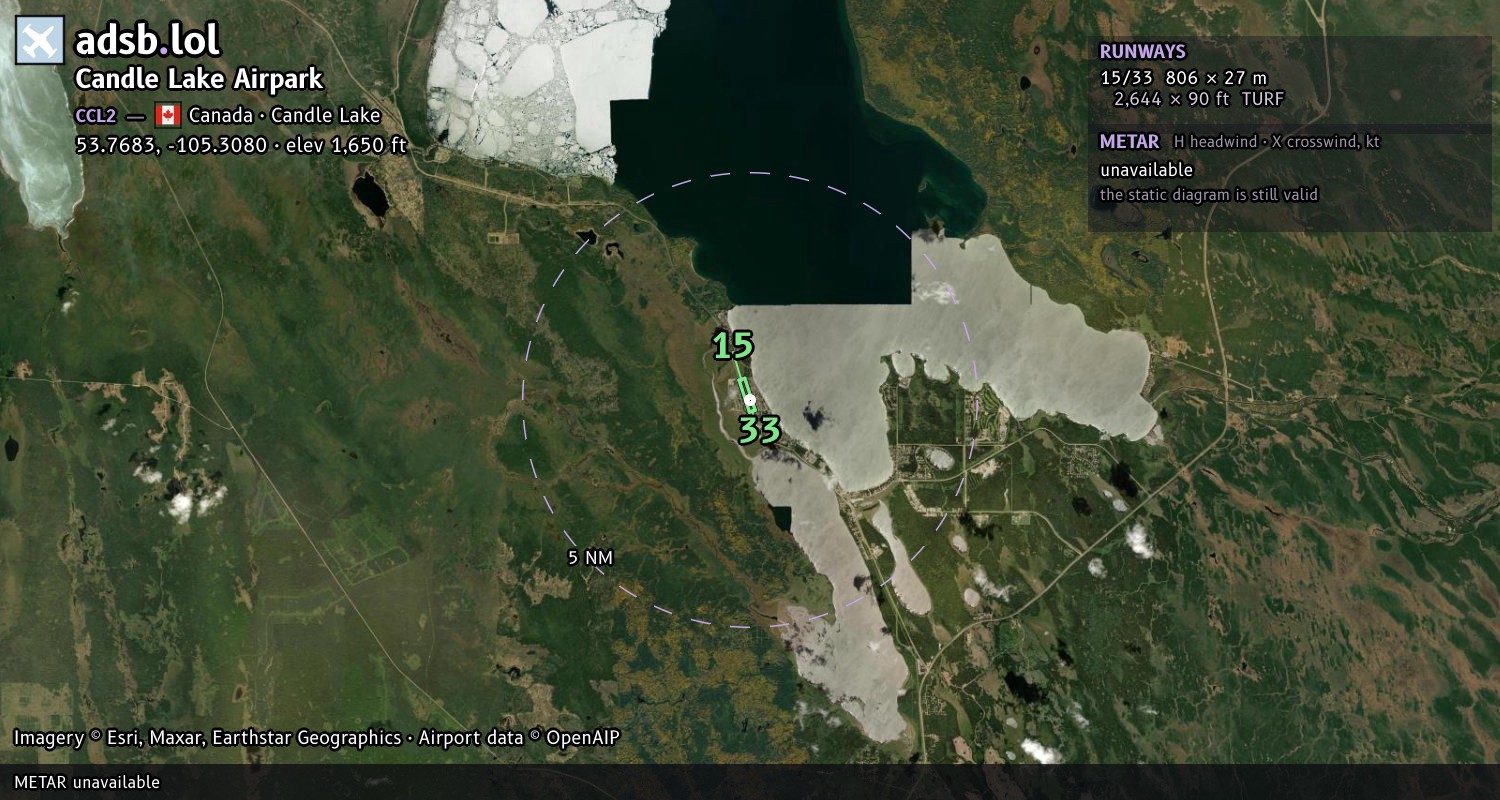 Satellite map with the runway layout of Candle Lake Airpark (CCL2)