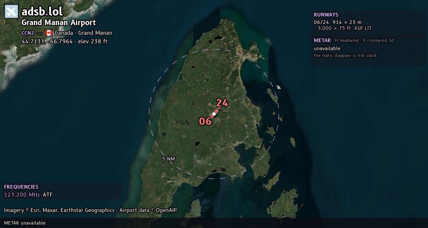 Satellite map with the runway layout of Grand Manan Airport (CCN2)