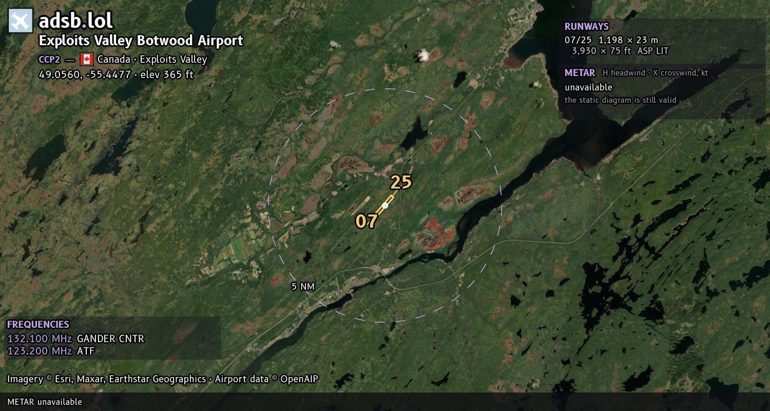 Satellite map with the runway layout of Exploits Valley Botwood Airport (CCP2)