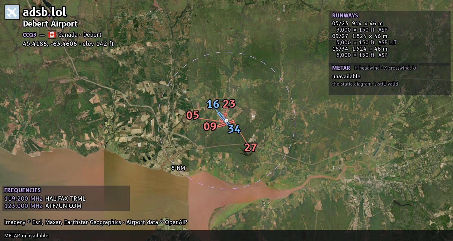 Satellite map with the runway layout of Debert Airport (CCQ3)