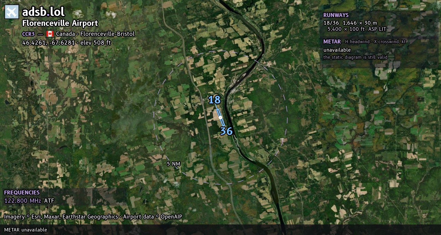 Satellite map with the runway layout of Florenceville Airport (CCR3)