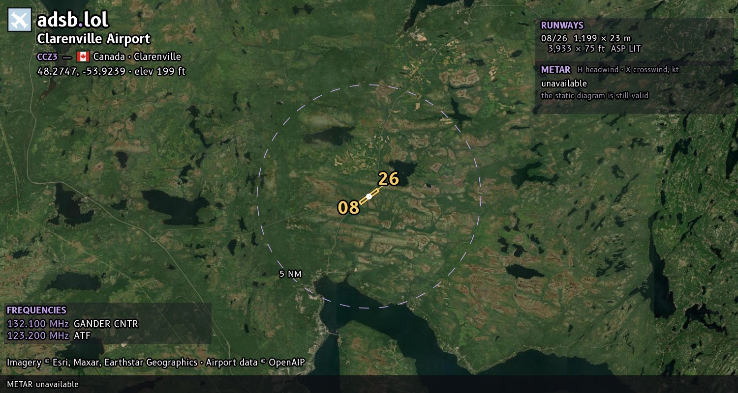 Satellite map with the runway layout of Clarenville Airport (CCZ3)