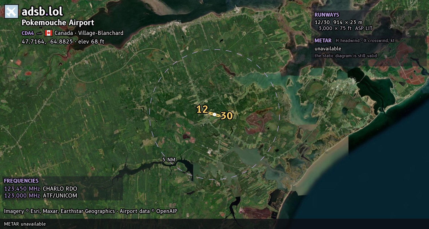 Satellite map with the runway layout of Pokemouche Airport (CDA4)