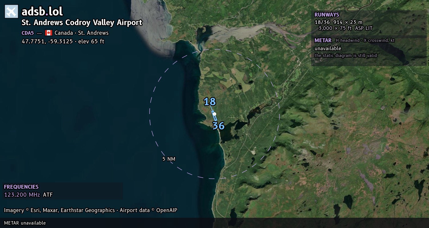 Satellite map with the runway layout of St. Andrews Codroy Valley Airport (CDA5)
