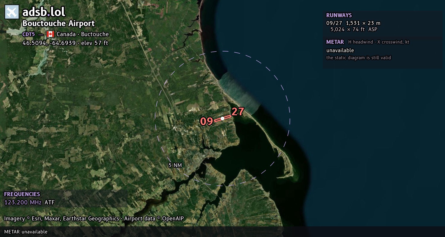 Satellite map with the runway layout of Bouctouche Airport (CDT5)