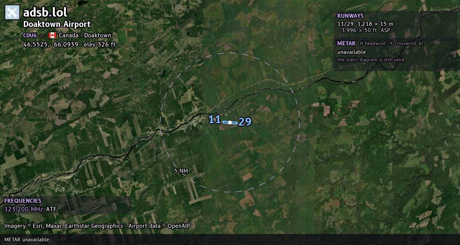 Satellite map with the runway layout of Doaktown Airport (CDU6)