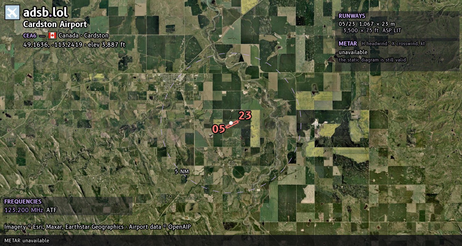 Satellite map with the runway layout of Cardston Airport (CEA6)