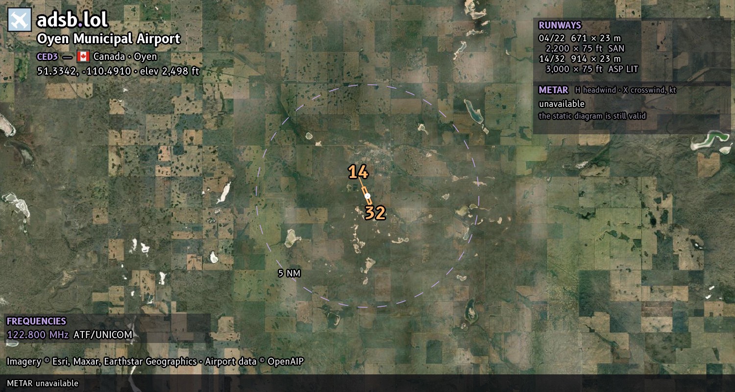 Satellite map with the runway layout of Oyen Municipal Airport (CED3)