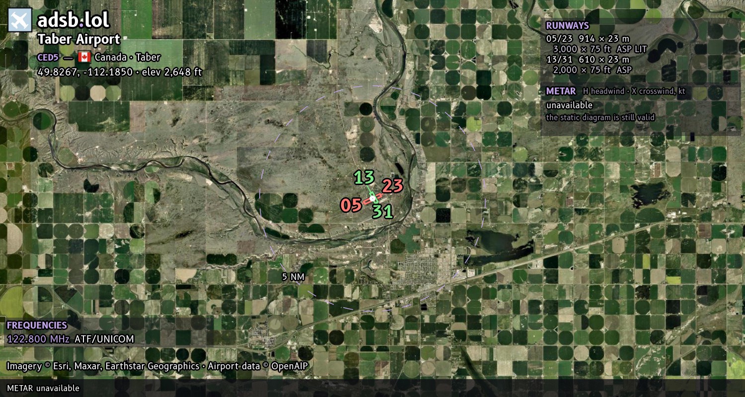 Satellite map with the runway layout of Taber Airport (CED5)