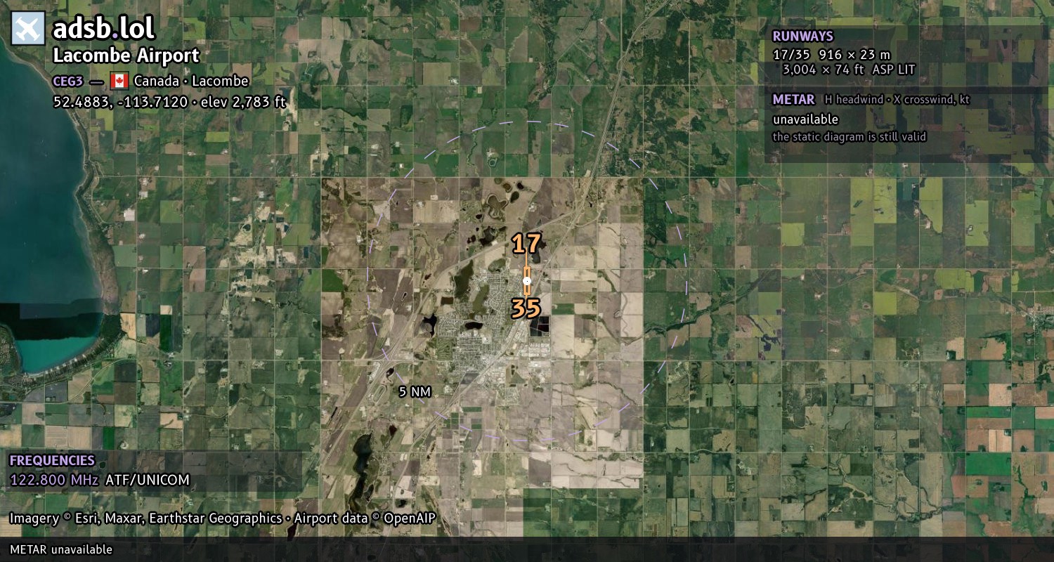 Satellite map with the runway layout of Lacombe Airport (CEG3)