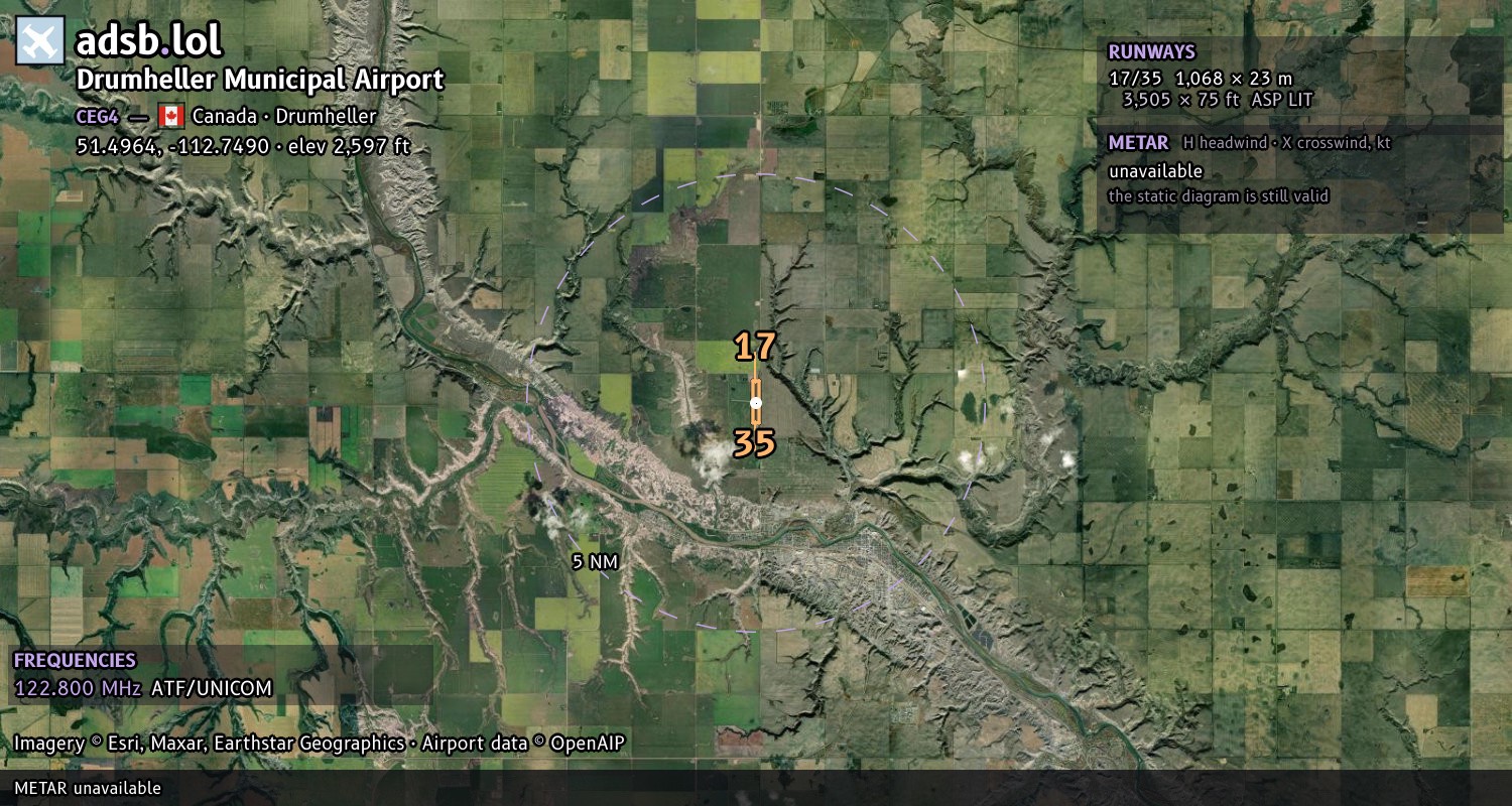 Satellite map with the runway layout of Drumheller Municipal Airport (CEG4)