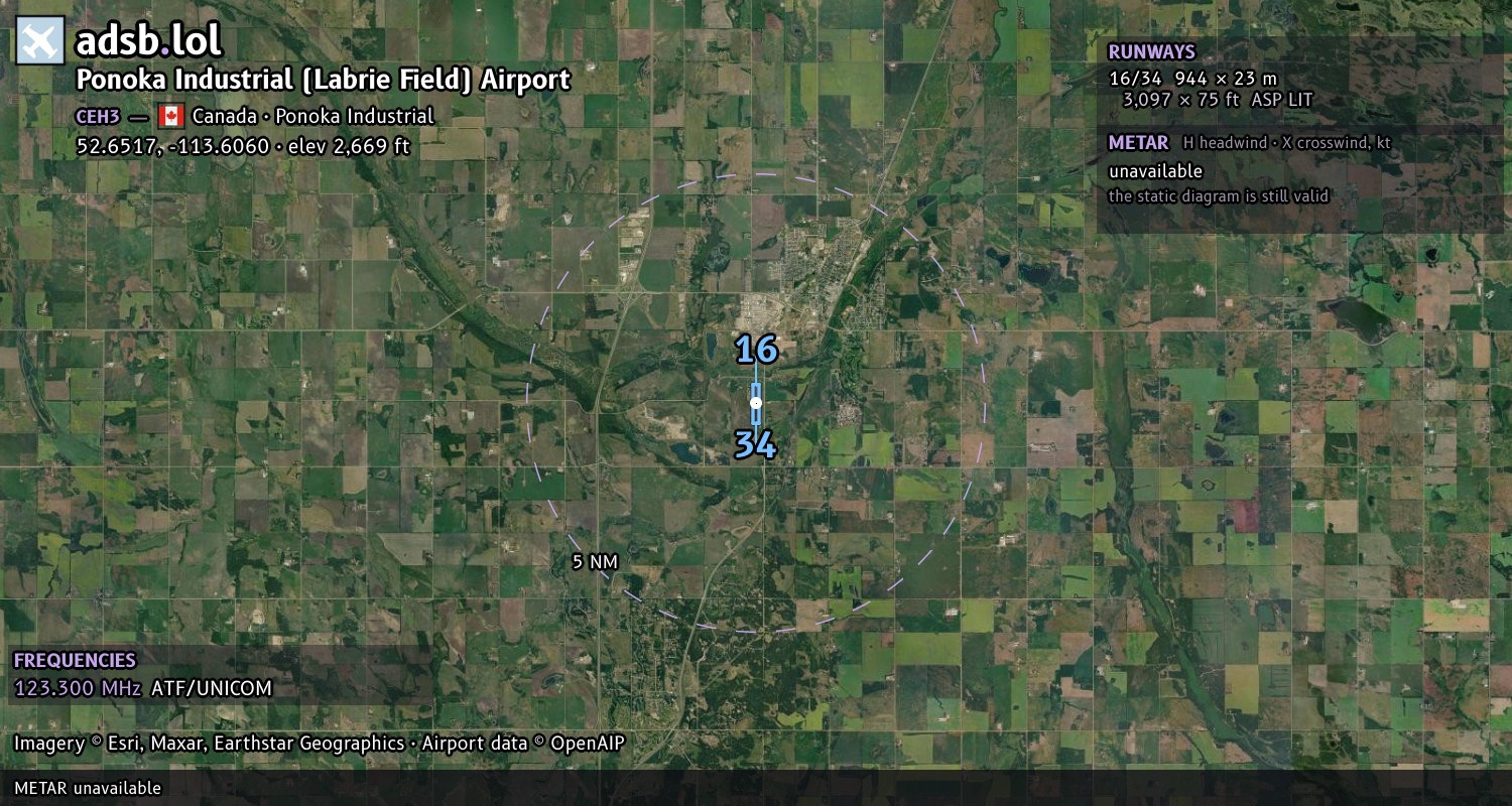 Satellite map with the runway layout of Ponoka Industrial (Labrie Field) Airport (CEH3)