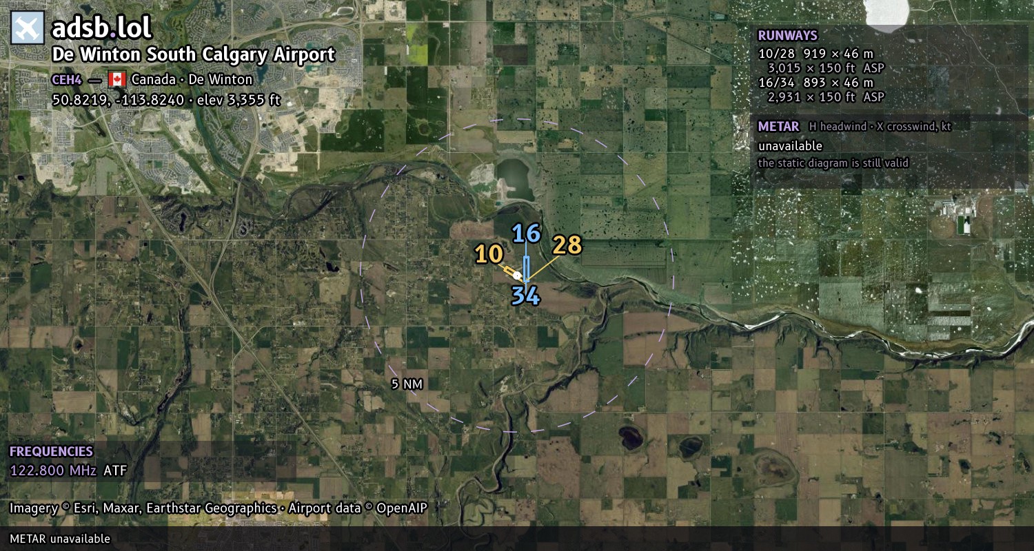 Satellite map with the runway layout of De Winton South Calgary Airport (CEH4)