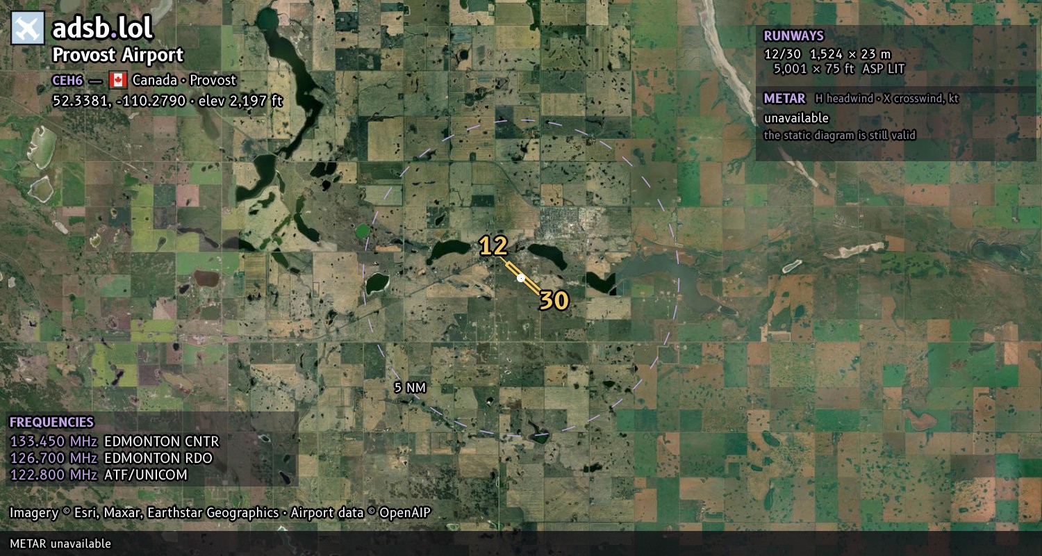 Satellite map with the runway layout of Provost Airport (CEH6)