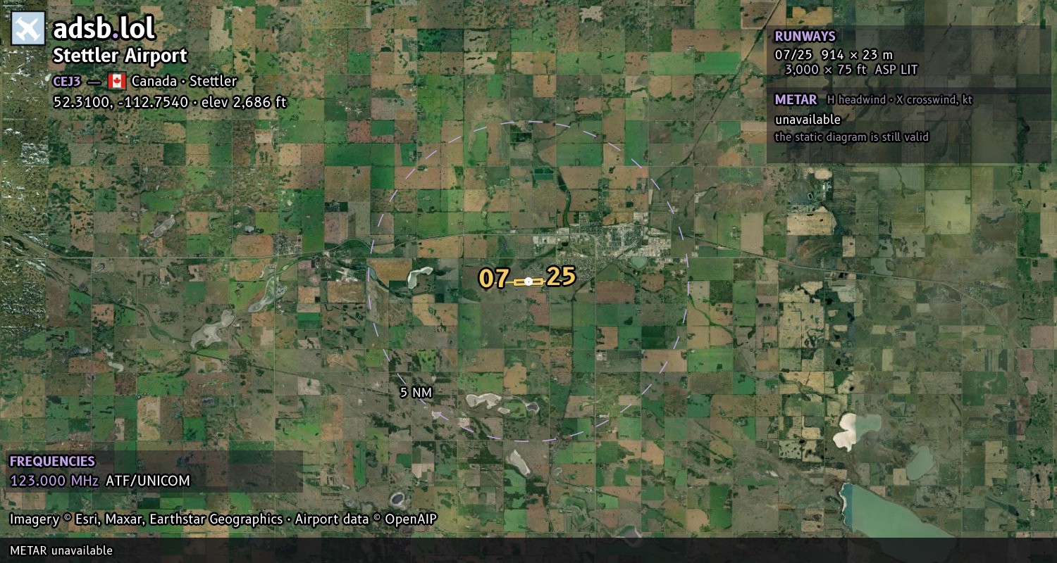 Satellite map with the runway layout of Stettler Airport (CEJ3)