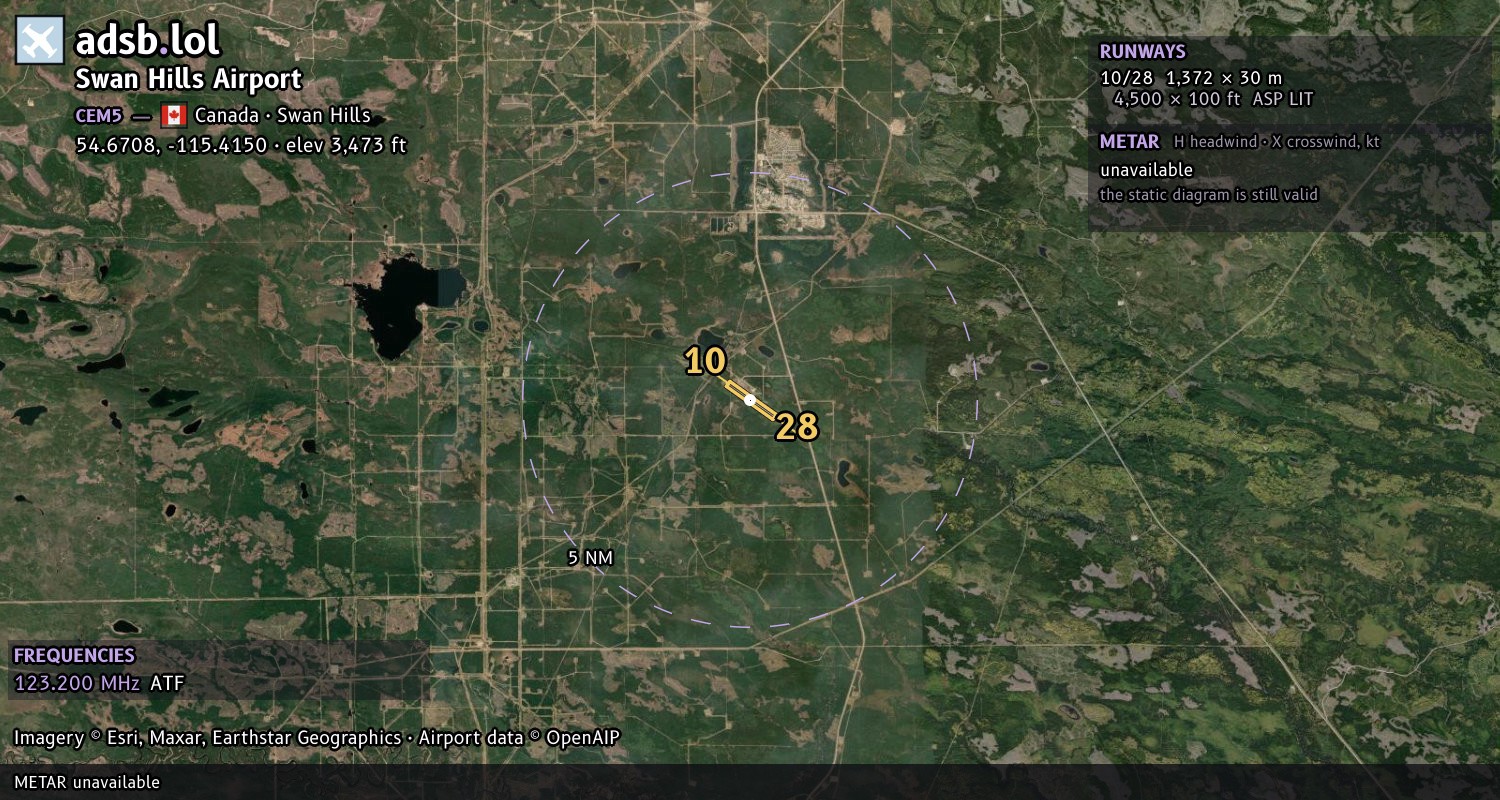 Satellite map with the runway layout of Swan Hills Airport (CEM5)