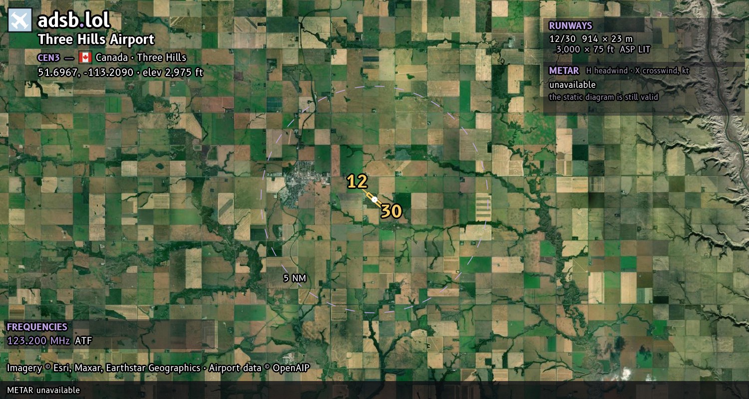 Satellite map with the runway layout of Three Hills Airport (CEN3)