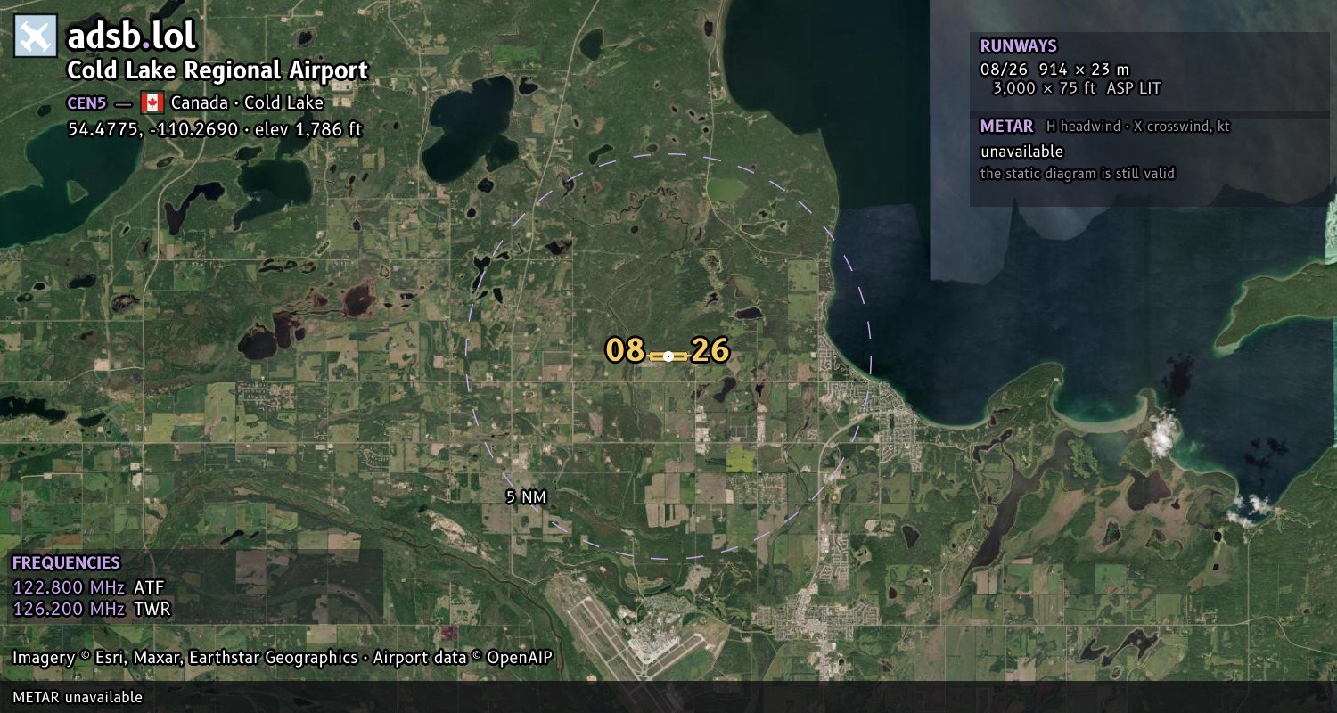 Satellite map with the runway layout of Cold Lake Regional Airport (CEN5)