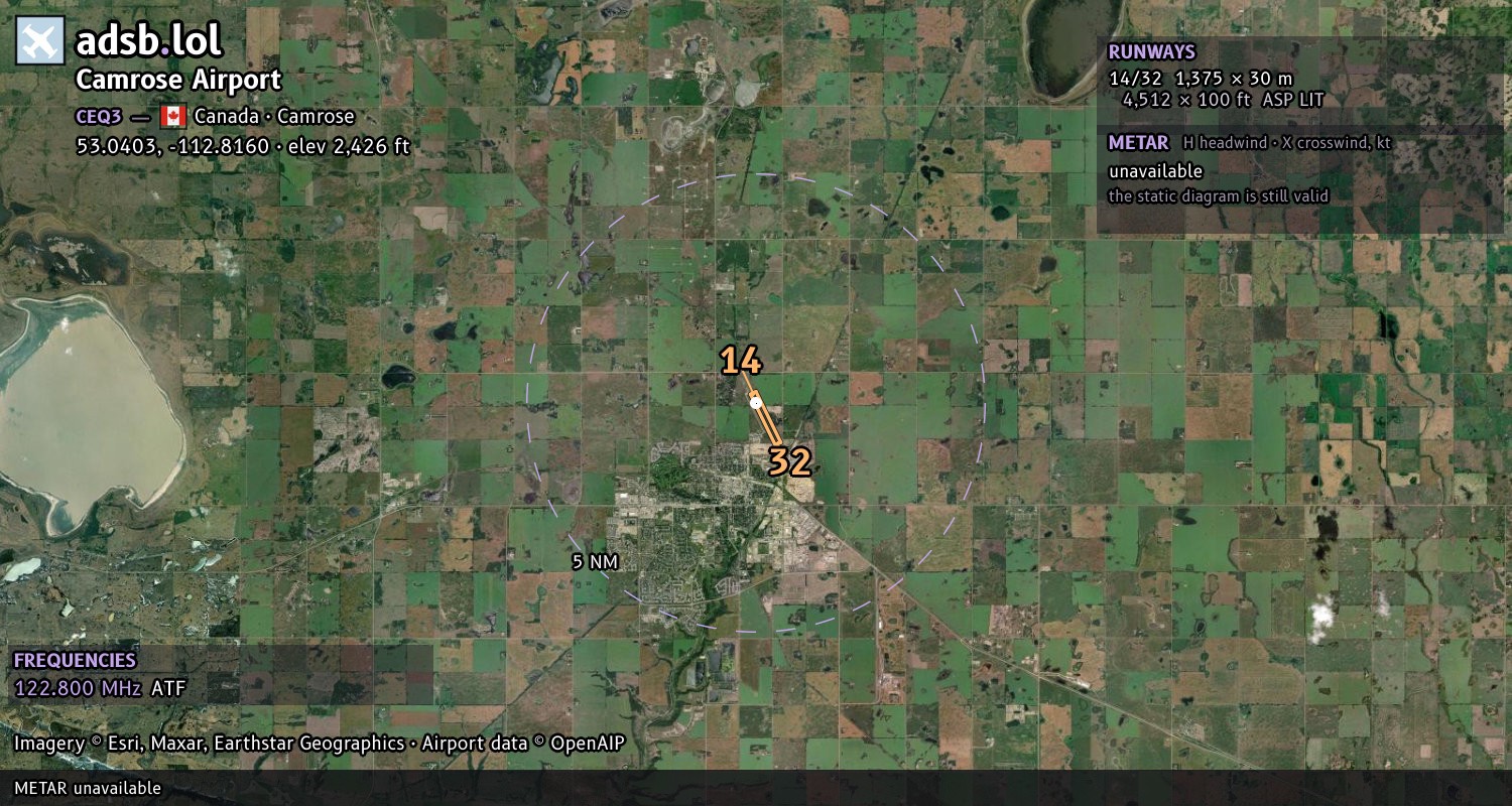 Satellite map with the runway layout of Camrose Airport (CEQ3)