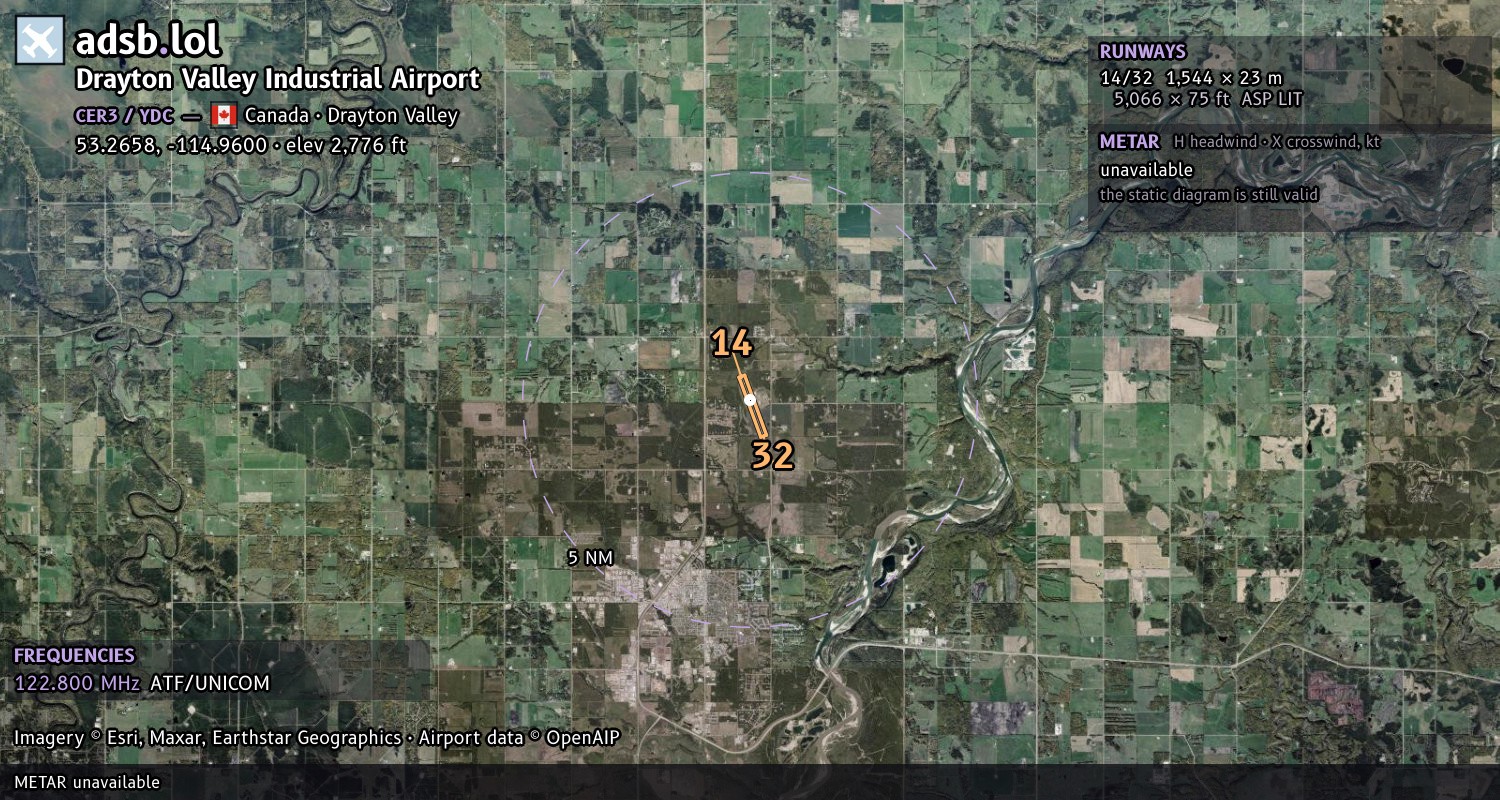 Satellite map with the runway layout of Drayton Valley Industrial Airport (CER3)