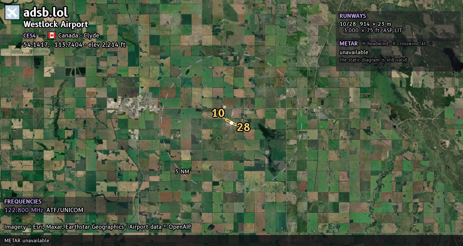 Satellite map with the runway layout of Westlock Airport (CES4)