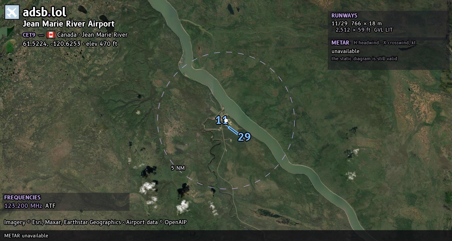 Satellite map with the runway layout of Jean Marie River Airport (CET9)
