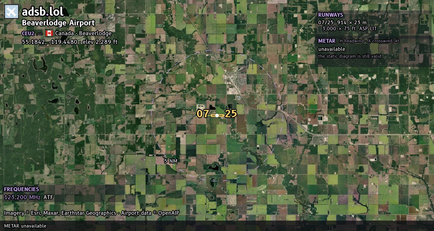 Satellite map with the runway layout of Beaverlodge Airport (CEU2)