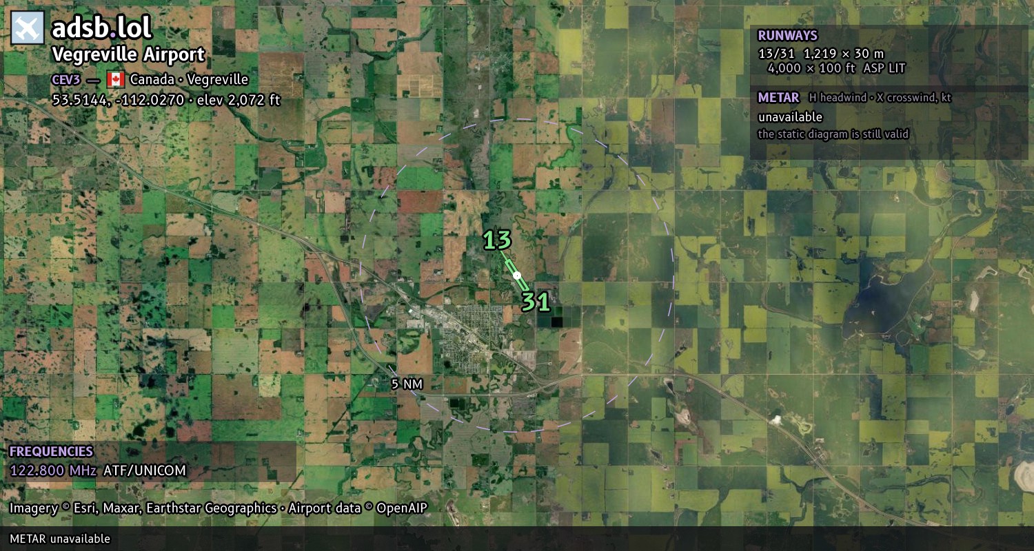 Satellite map with the runway layout of Vegreville Airport (CEV3)