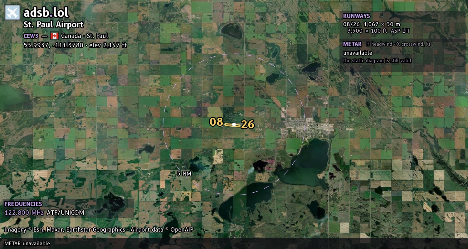 Satellite map with the runway layout of St. Paul Airport (CEW3)