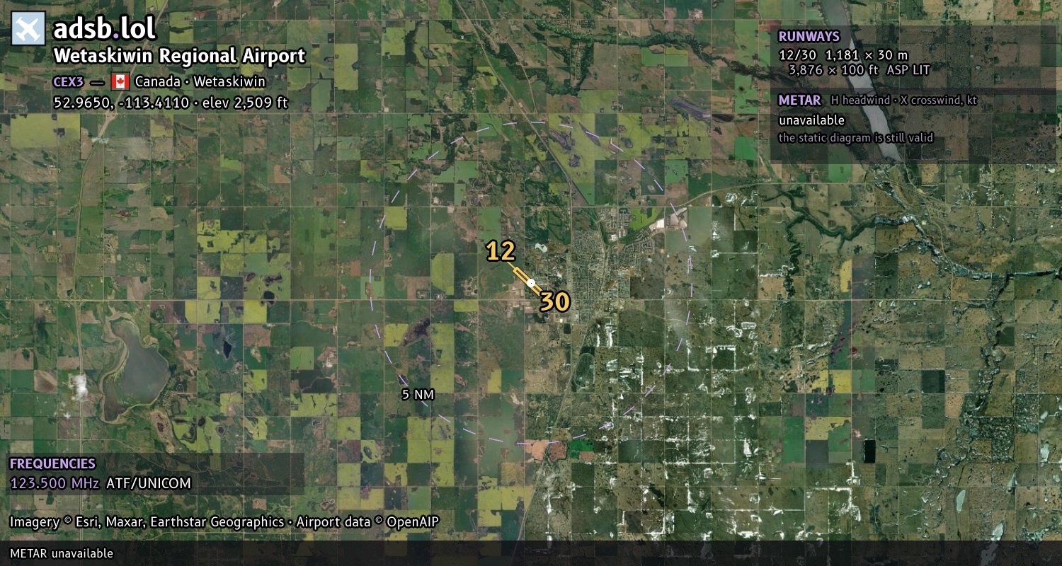 Satellite map with the runway layout of Wetaskiwin Regional Airport (CEX3)