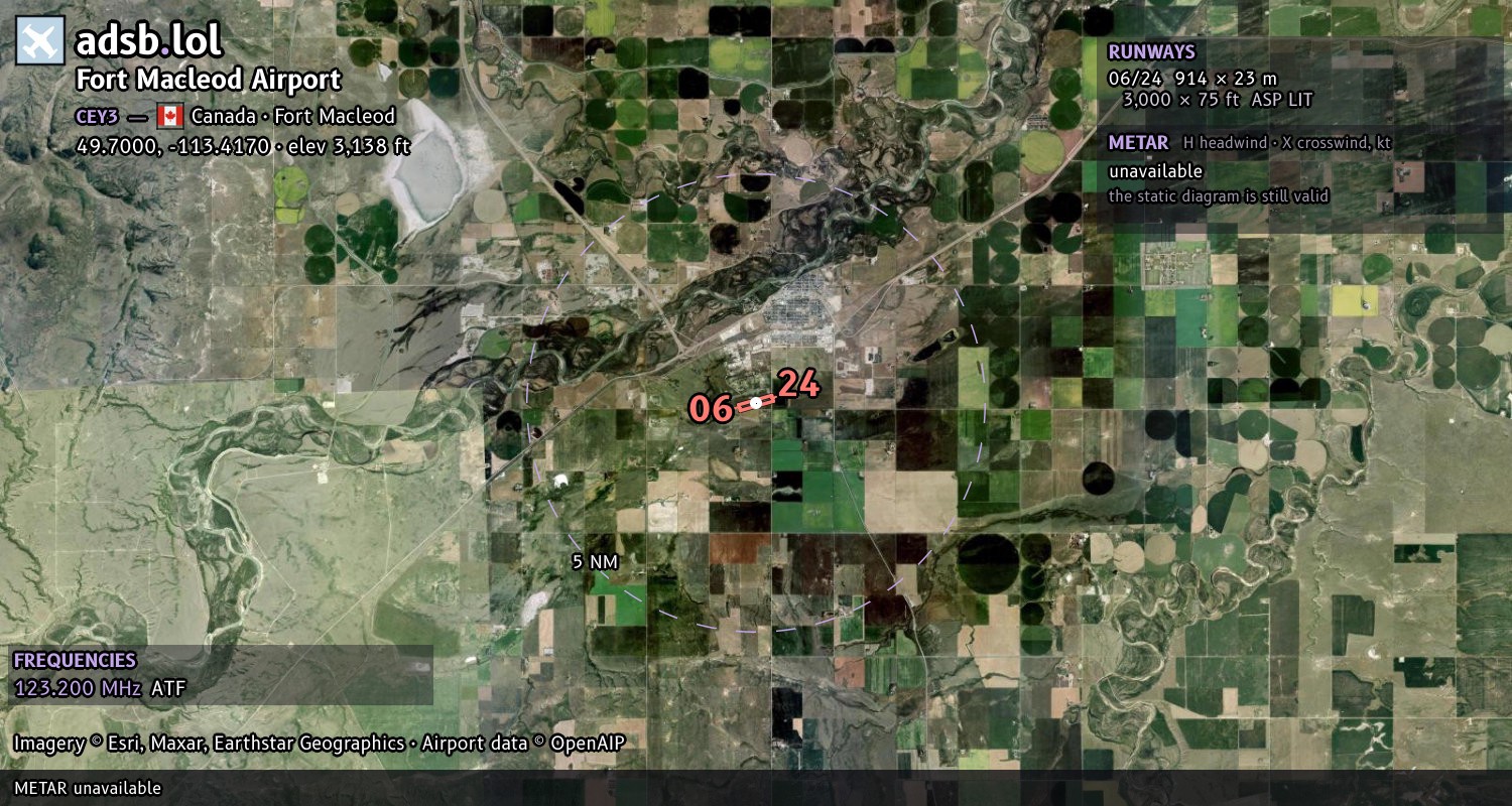Satellite map with the runway layout of Fort Macleod Airport (CEY3)