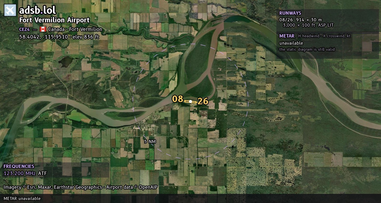Satellite map with the runway layout of Fort Vermilion Airport (CEZ4)