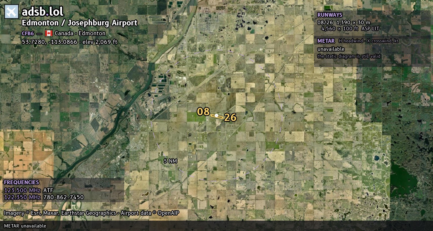 Satellite map with the runway layout of Edmonton / Josephburg Airport (CFB6)