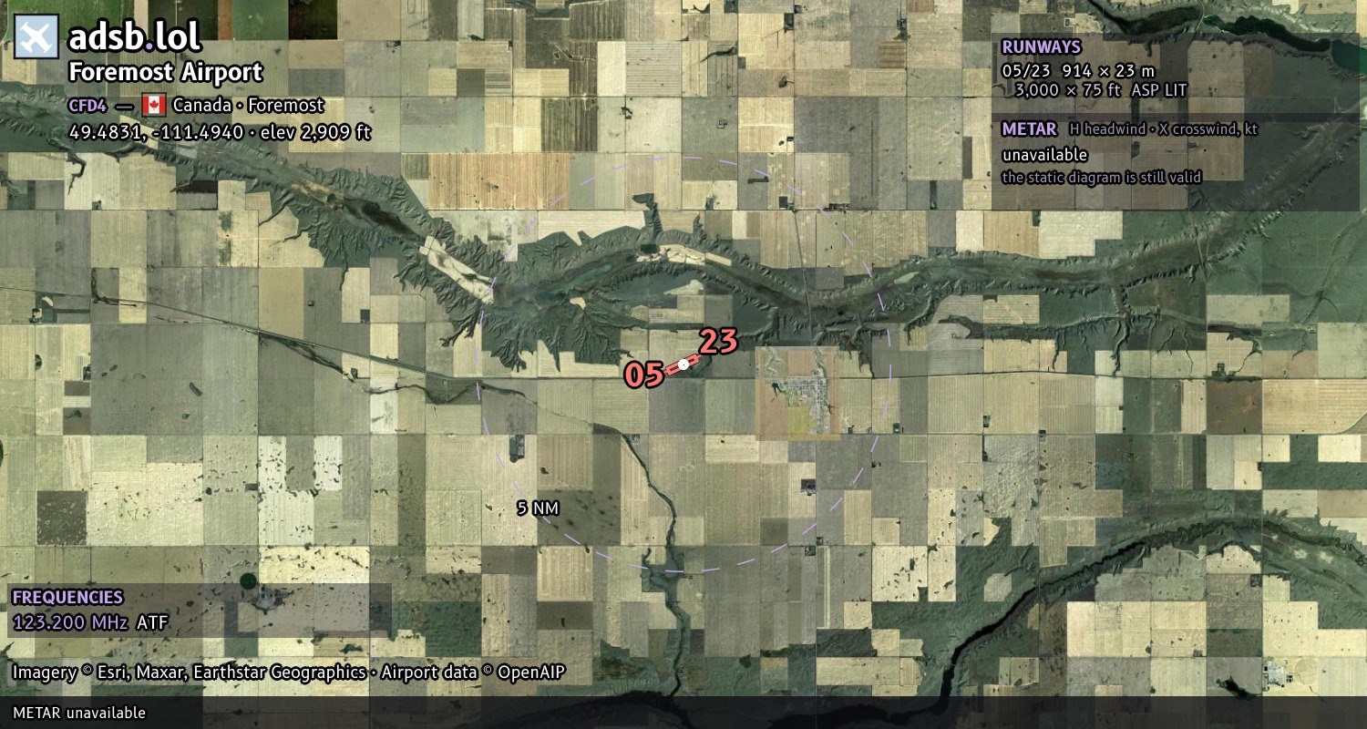 Satellite map with the runway layout of Foremost Airport (CFD4)