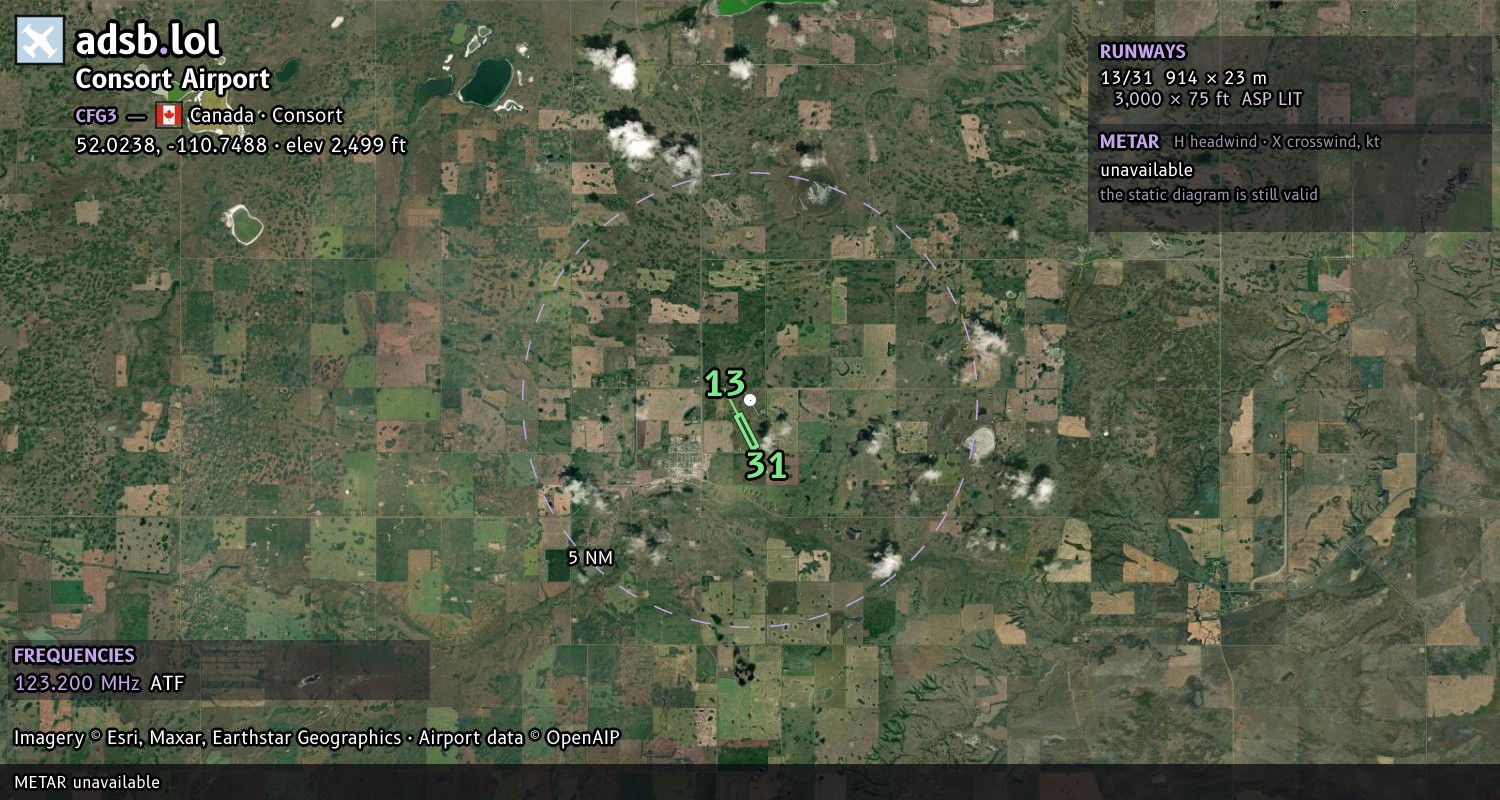 Satellite map with the runway layout of Consort Airport (CFG3)