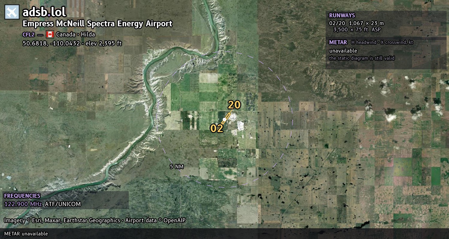 Satellite map with the runway layout of Empress McNeill Spectra Energy Airport (CFL2)
