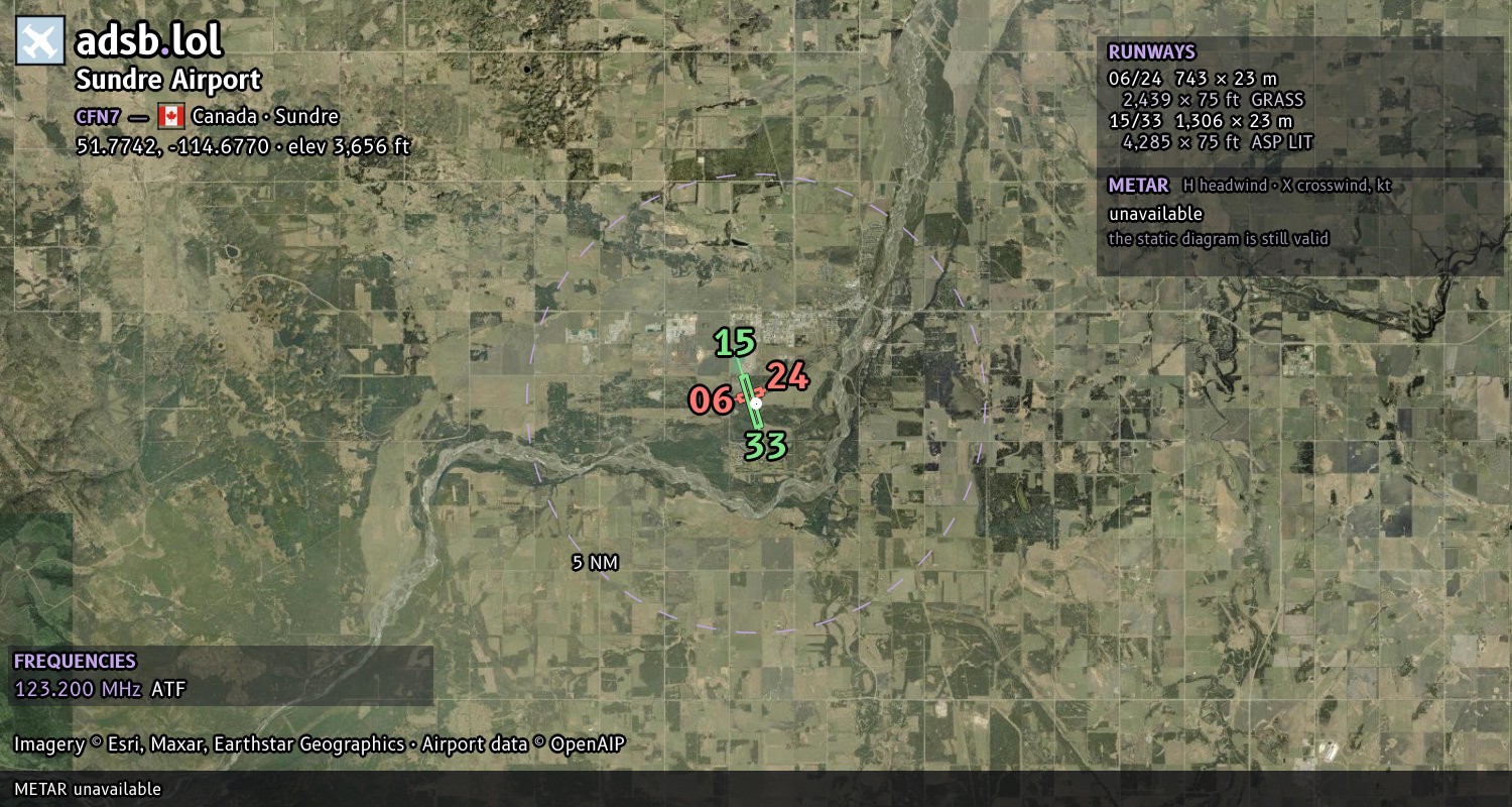 Satellite map with the runway layout of Sundre Airport (CFN7)