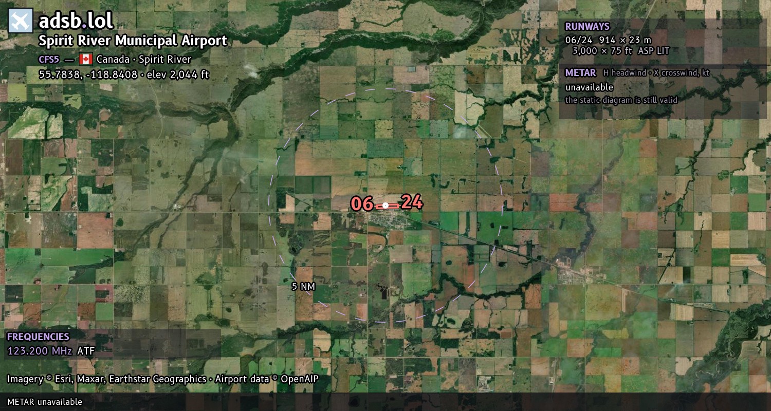 Satellite map with the runway layout of Spirit River Municipal Airport (CFS5)