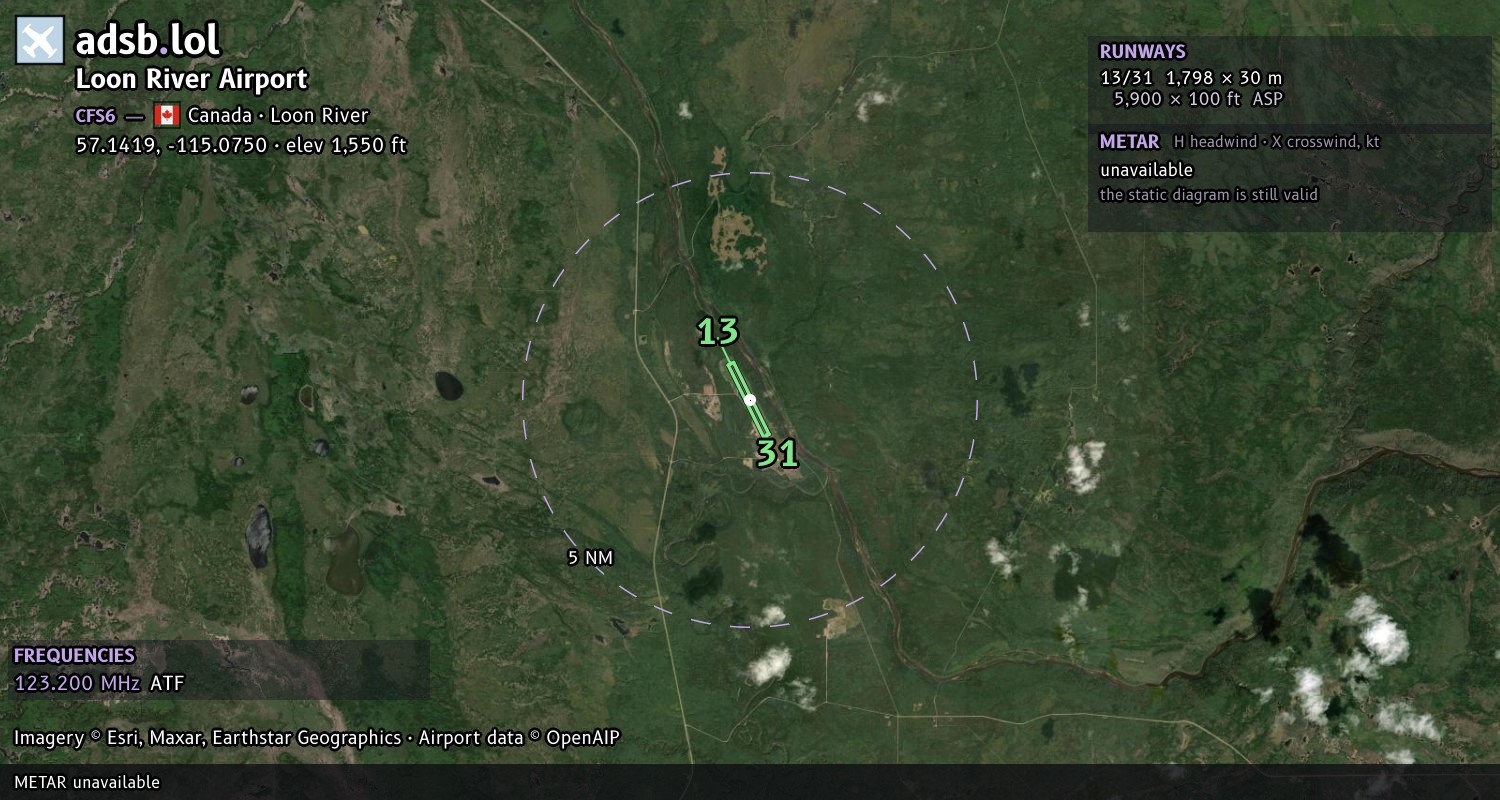 Satellite map with the runway layout of Loon River Airport (CFS6)