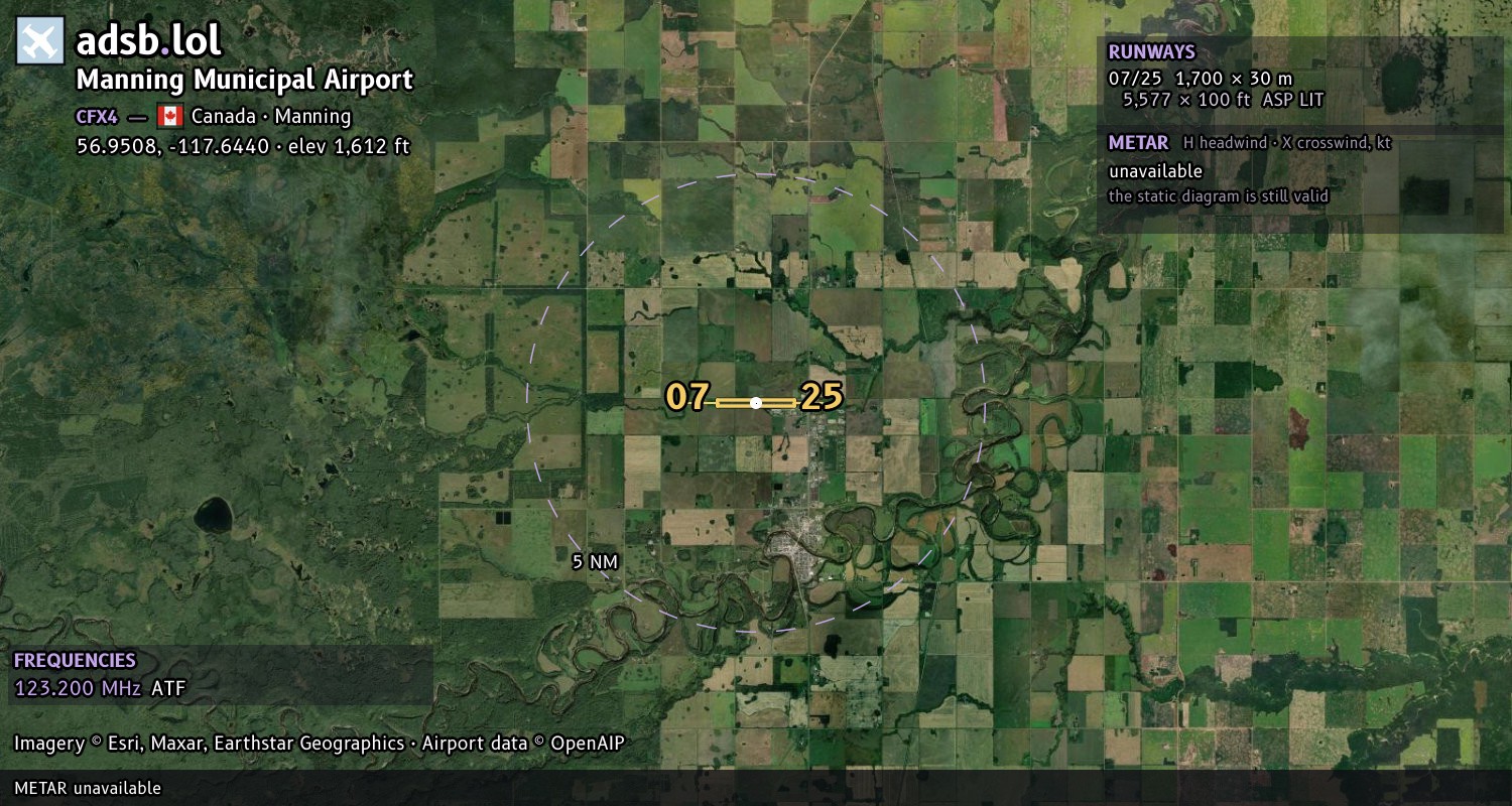 Satellite map with the runway layout of Manning Municipal Airport (CFX4)