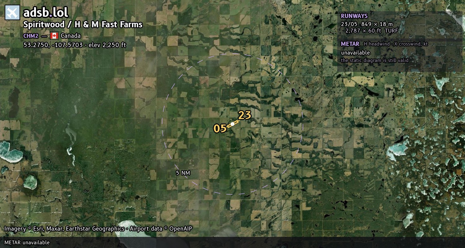 Satellite map with the runway layout of Spiritwood / H & M Fast Farms (CHM2)