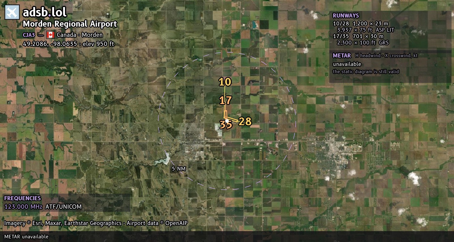 Satellite map with the runway layout of Morden Regional Airport (CJA3)